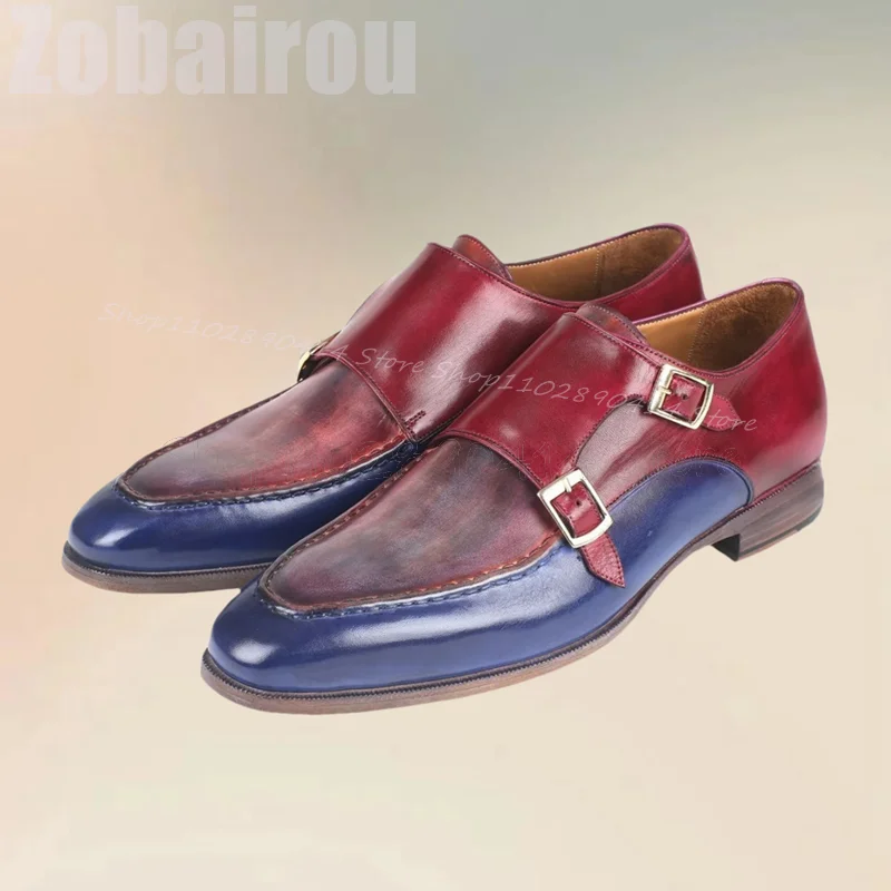 Mocasines de diseño de costura para hombres, zapatos de lujo hechos a mano, sin cordones, decoración de hebilla de Color rojo y azul degradado, fiesta, fiesta