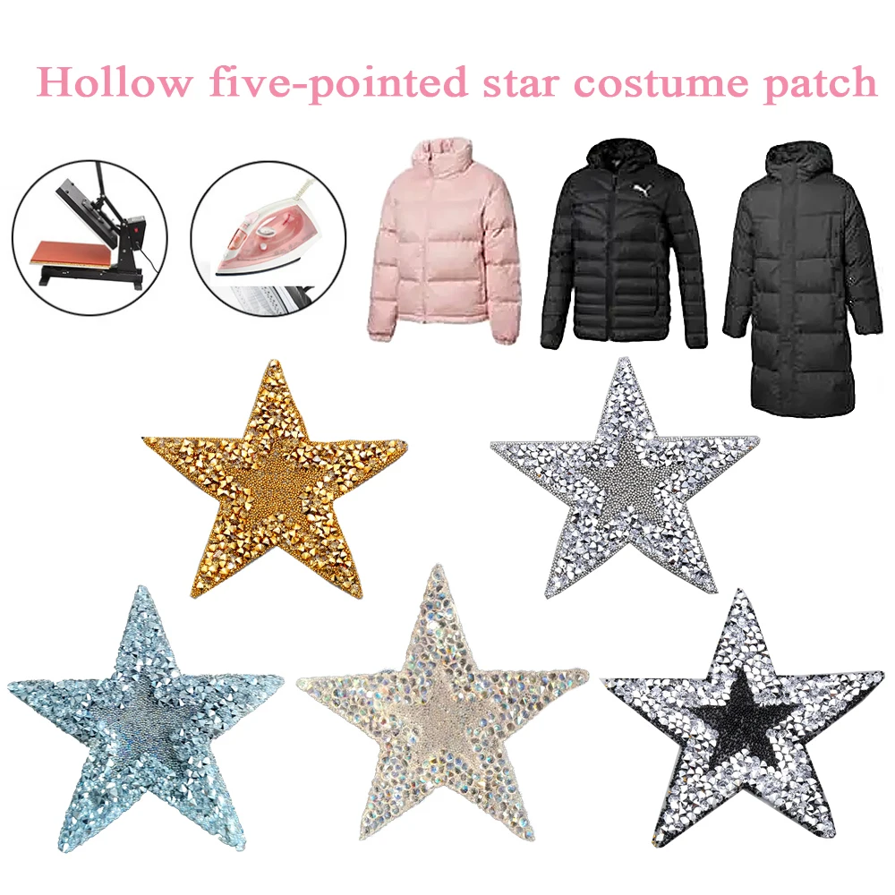 

8*8cm 1PCS Star Patches Iron On Patch Rhinestones Resin Rhinestone Applique Crystal Pentagrams Patches DIY Clothing Decoration