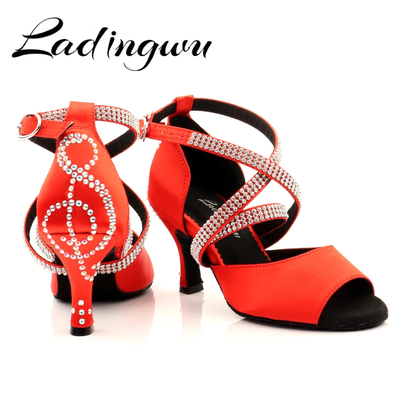 

Ladingwu Dance Shoes For Women Latin Samba Tango Shoes Satin Red Shoes Dancing Women Exquisite Note Rhinestone Arrangement Dance
