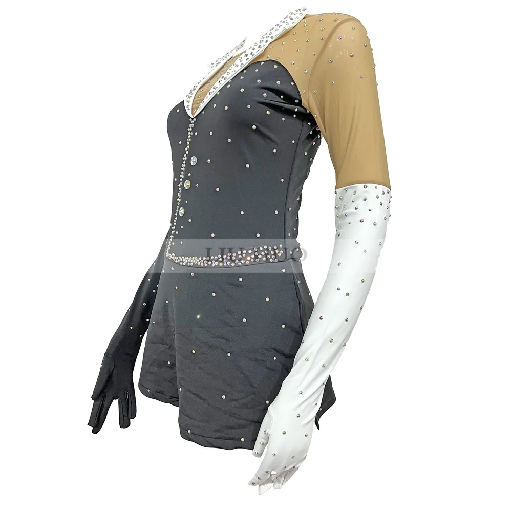 LIUHUO Women Aldult Teens Customize Black Costume Performance Competition Leotard Ice Figure Skating Dress Dance Glove Sleeve