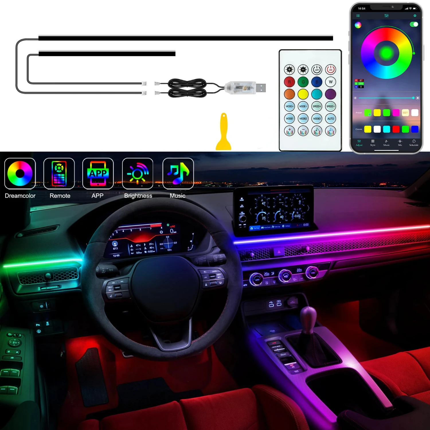 

Dynamic Dreamcolor Neon Acrylic Car Ambient Lighting Strip Light - Vibrant 2IN1 RGB Decorative Interior Lamp for Model 3/Y/S/X.