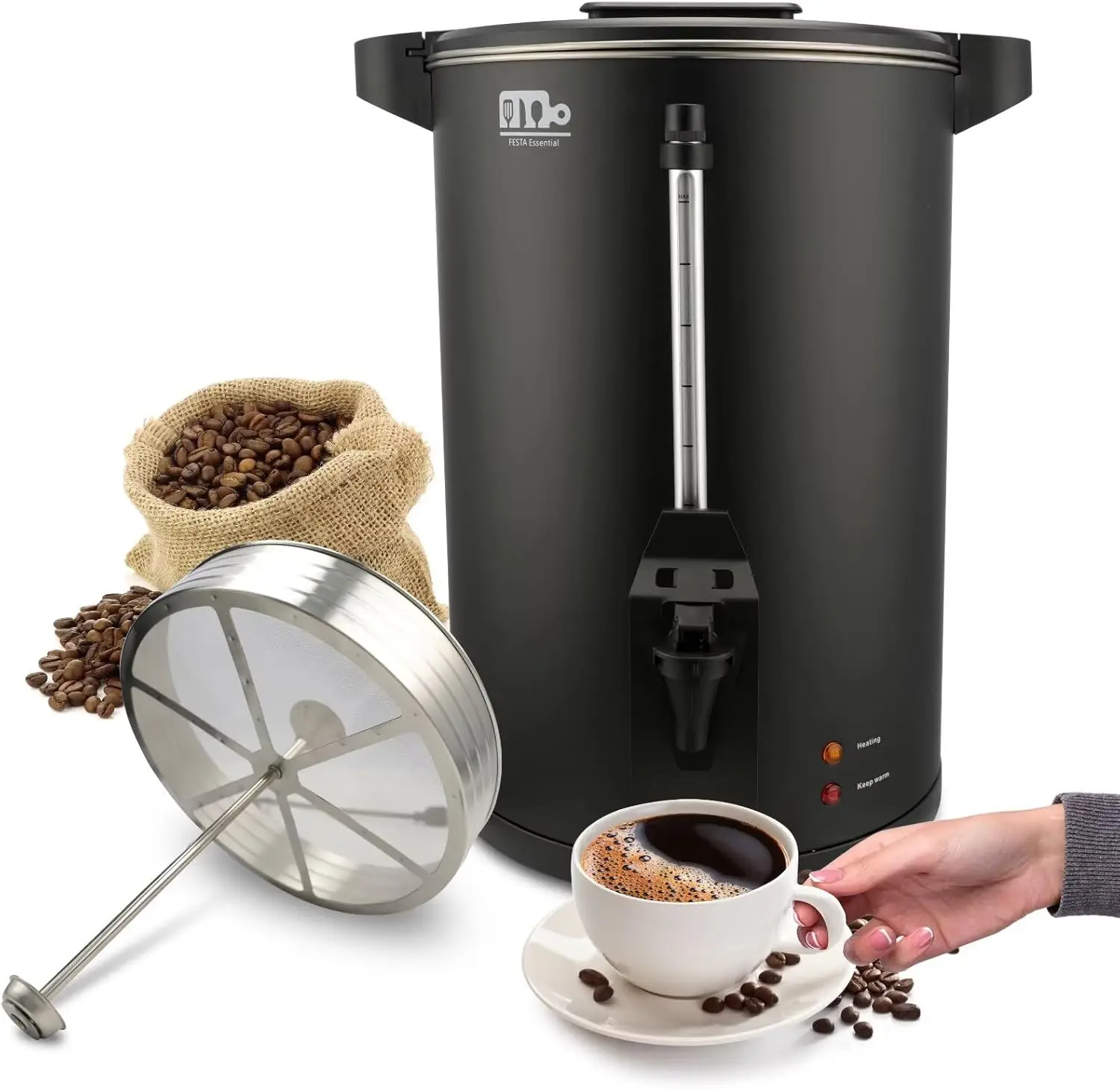 

55-Cup 10L Commercial Coffee Urn, 750W Stainless Steel Hot Water Dispenser with Dual Dripless Faucet, Black