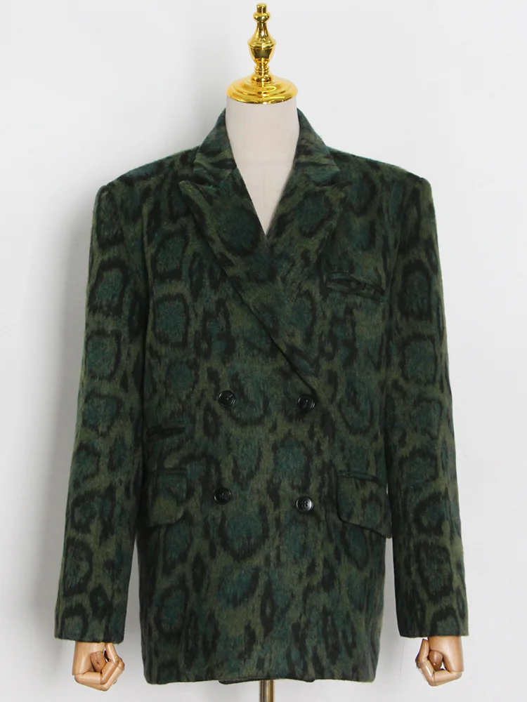 2023 Newest Green Leopard Graphic Female Blazer Notched Long Sleeve Temperament Colorblock Loose Women's Coat