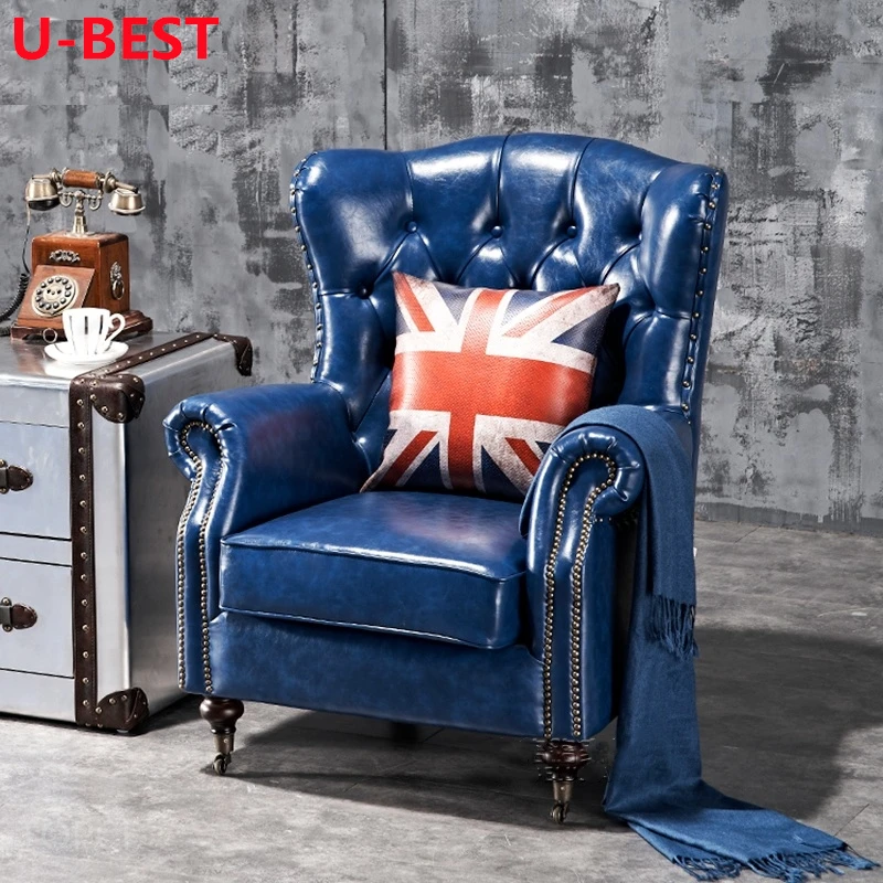 U-Best American Vintage Style Leather Tavern Lazy Leather Cloth Sofa Chair Vintage Upholstered Single Sofa  Living Room Sofas