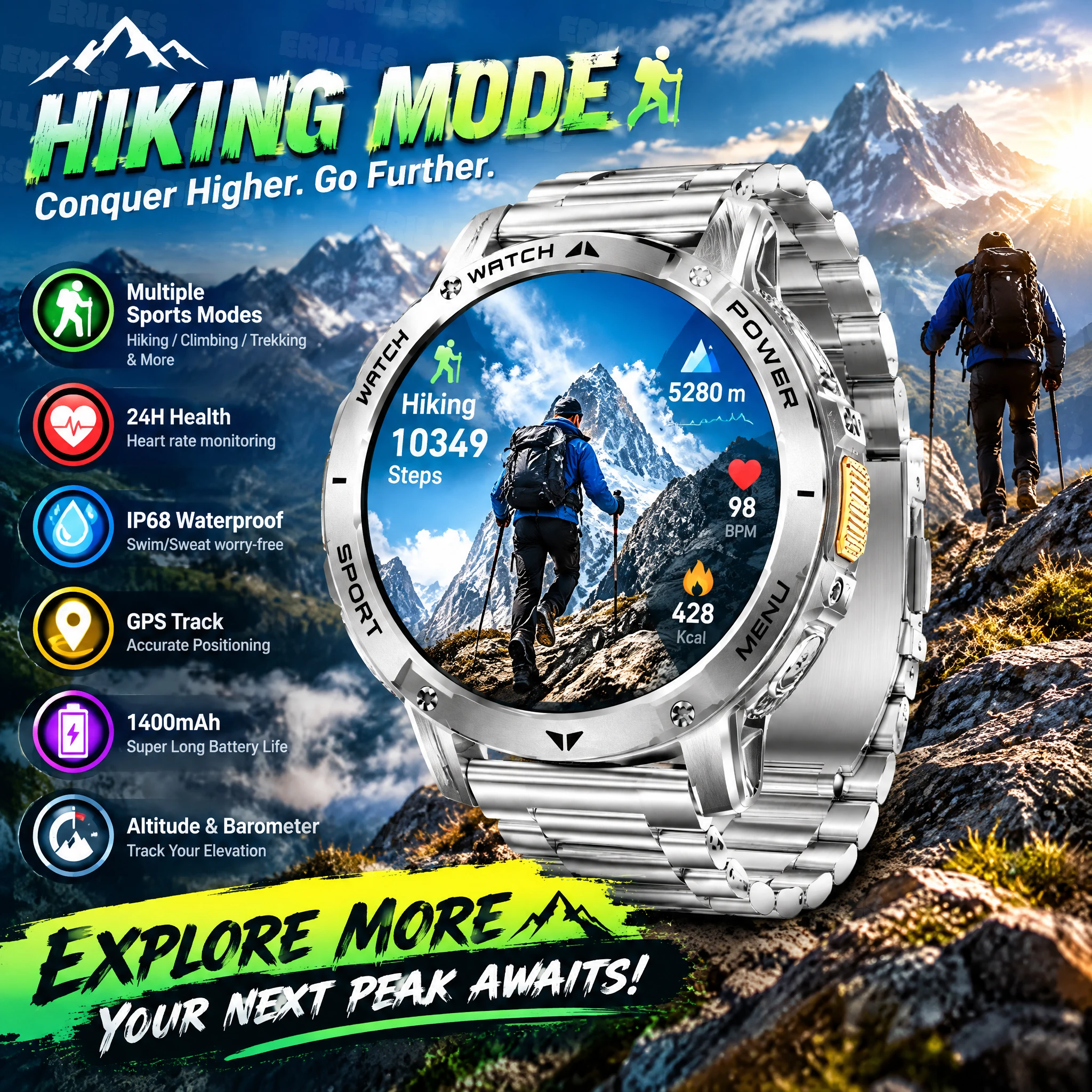 1400mAh Long Battery Life Military Smart Watch Men 1.7