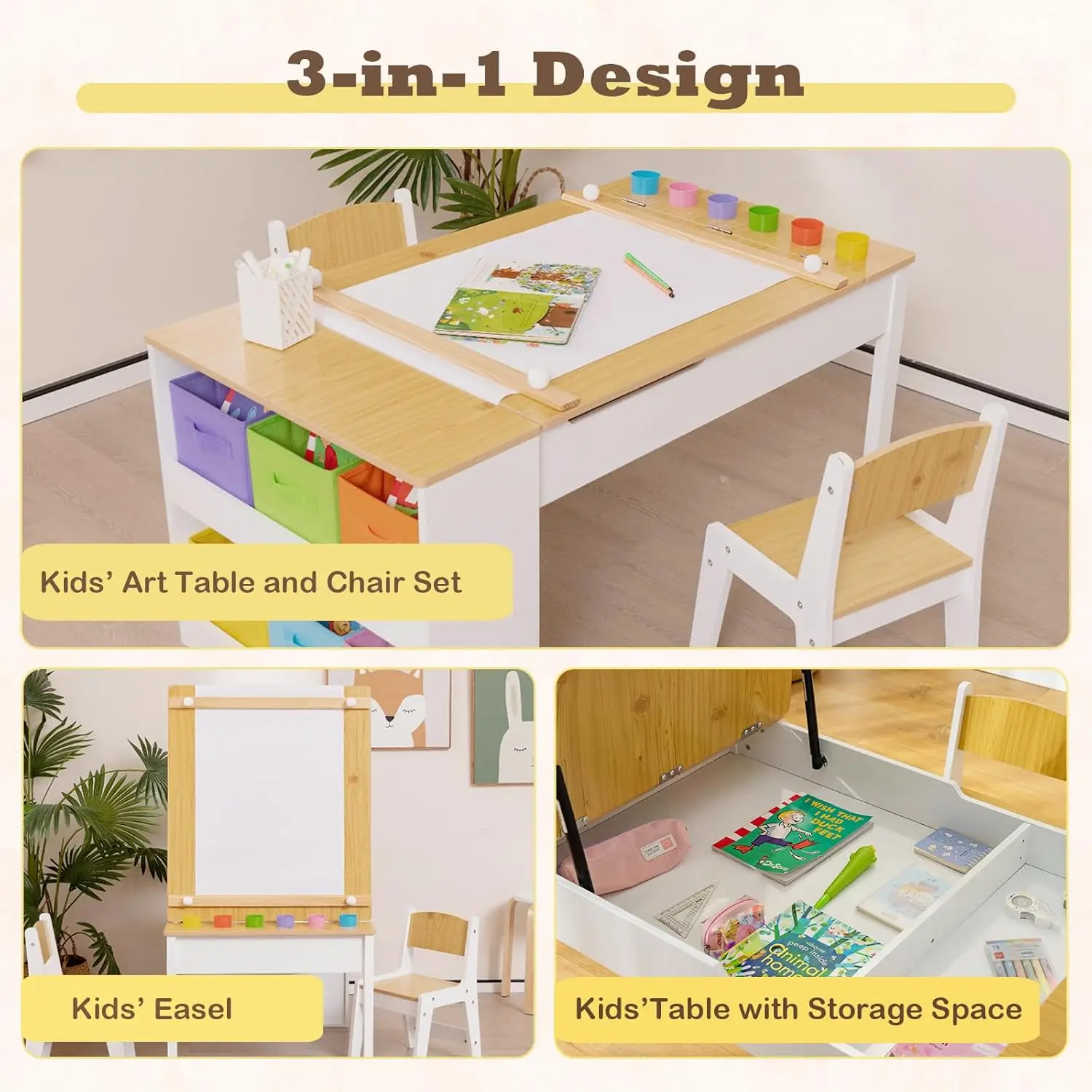 Kids Table and Chair Set, Wood Art Table & Easel Set with 2 Chairs, 6 Storage Bins, Paper Roller, Paint Cups for Draw, Write, Pl