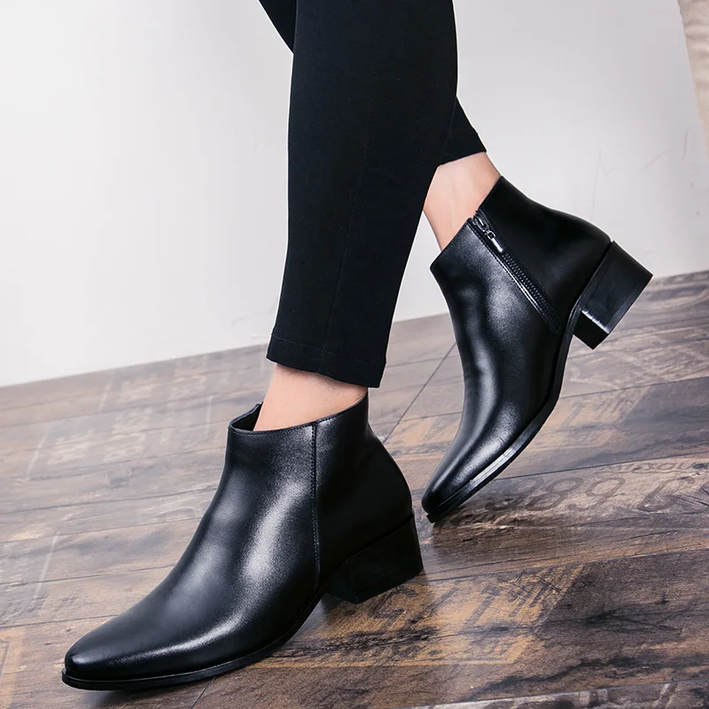 Classic Black Men's Chelsea Boots British Style Pointed Toe Leather Ankle Boots Man Slip-on Boots Zip High Top Dress Shoes Man