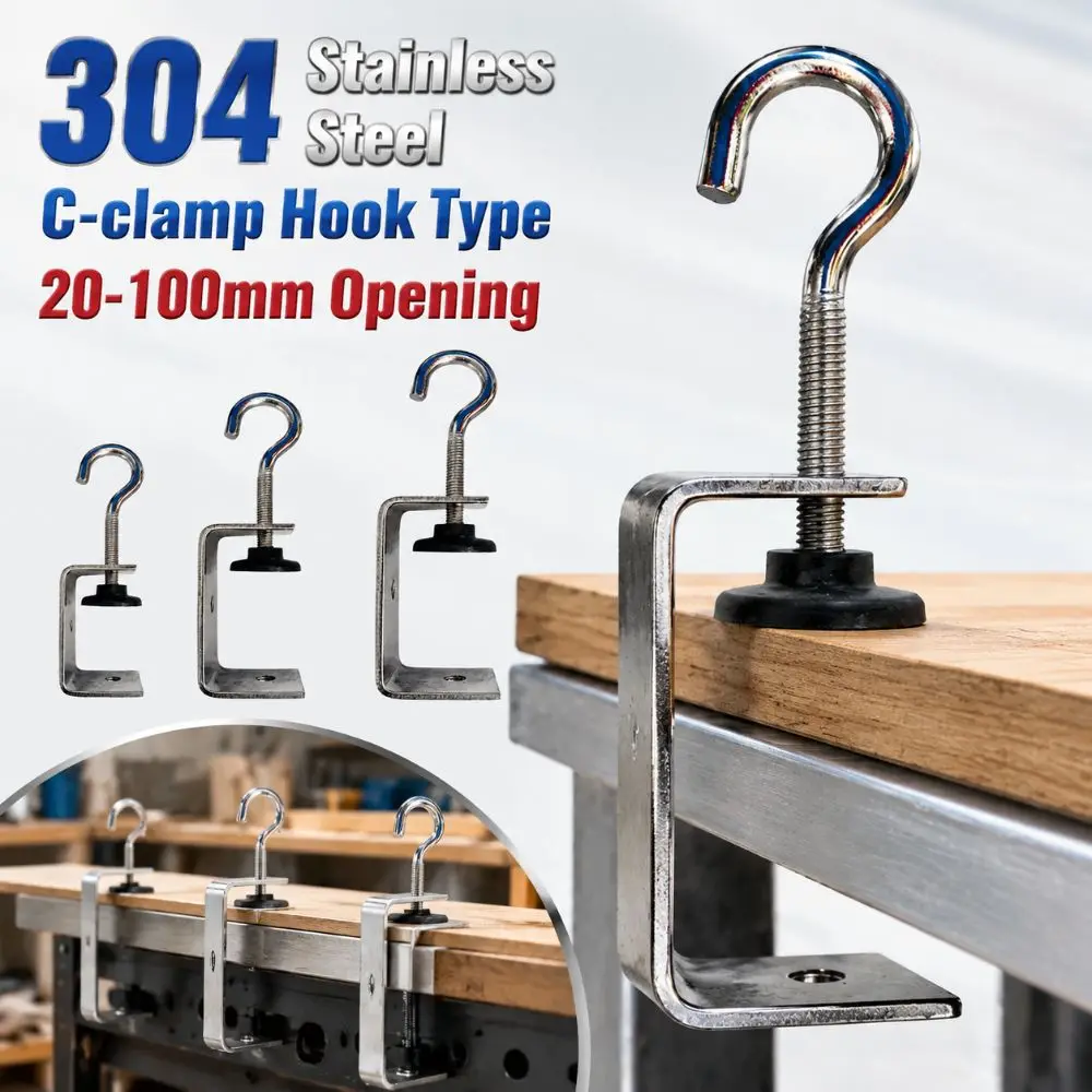 304 Stainless Steel C-clamp Adjustable Hook Type Square Clamp 20-100mm Opening Sturdy Fixed Holder Clip Hardware Fasteners