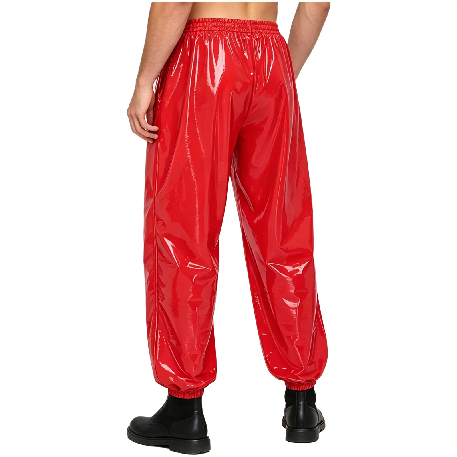 Men Patent Leather Jogger Pants Punk Trousers Raves Party Clubwear Metal Chain Detail Elastic Waistband Long Pants with Pockets view 2