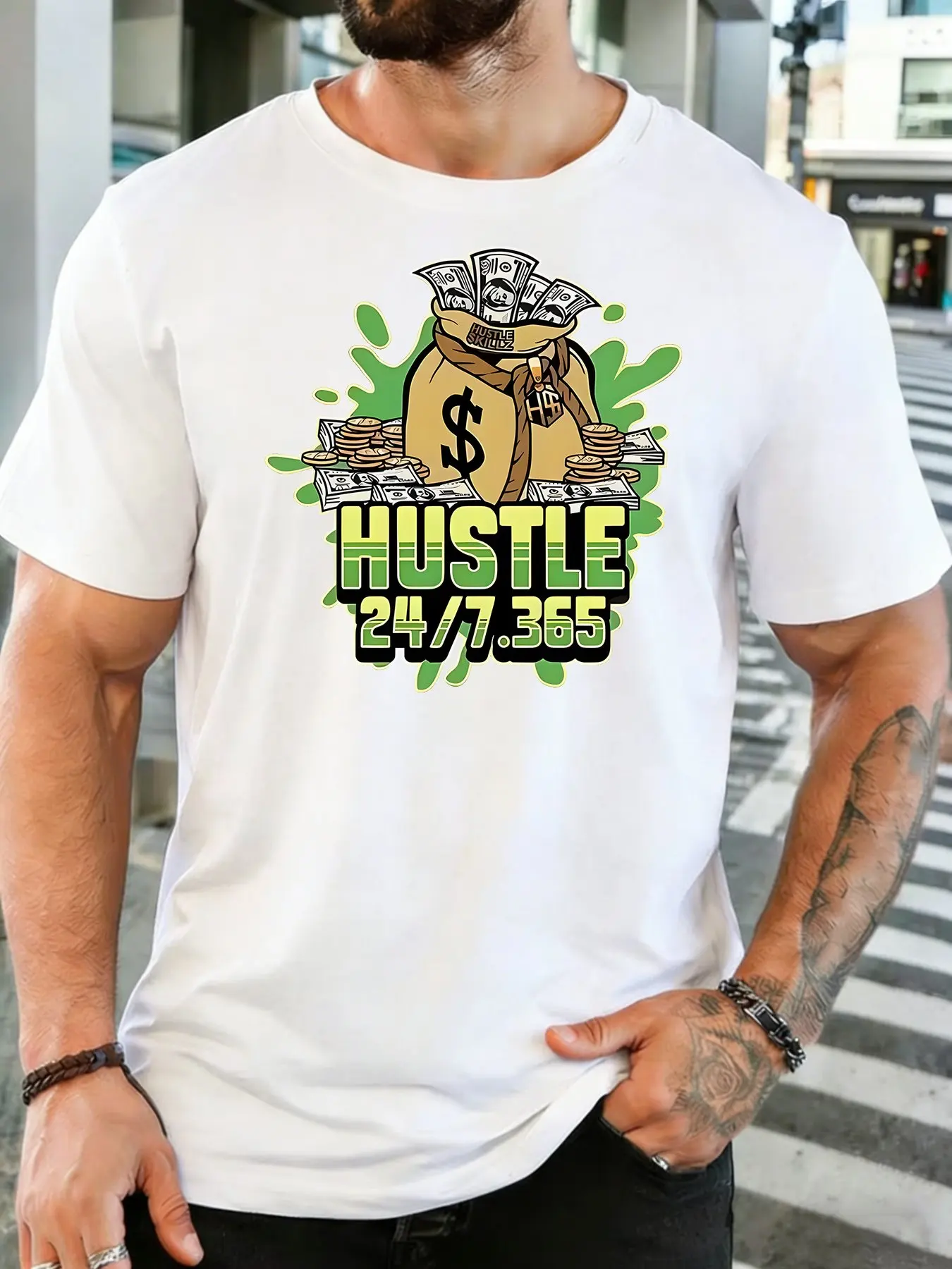 Male Black Round Neck T Shirt Bold Hustle 24 7 365 Letter Print Full Cash Bag Stacked Coins Green Splash Hustler Daily Cotton Te