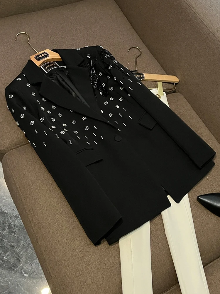 

Ele Draped Design Suit Jaet for Women Luxury Sle Commute Friendly Long Sve mid Length Pure Color Winter New Arrival