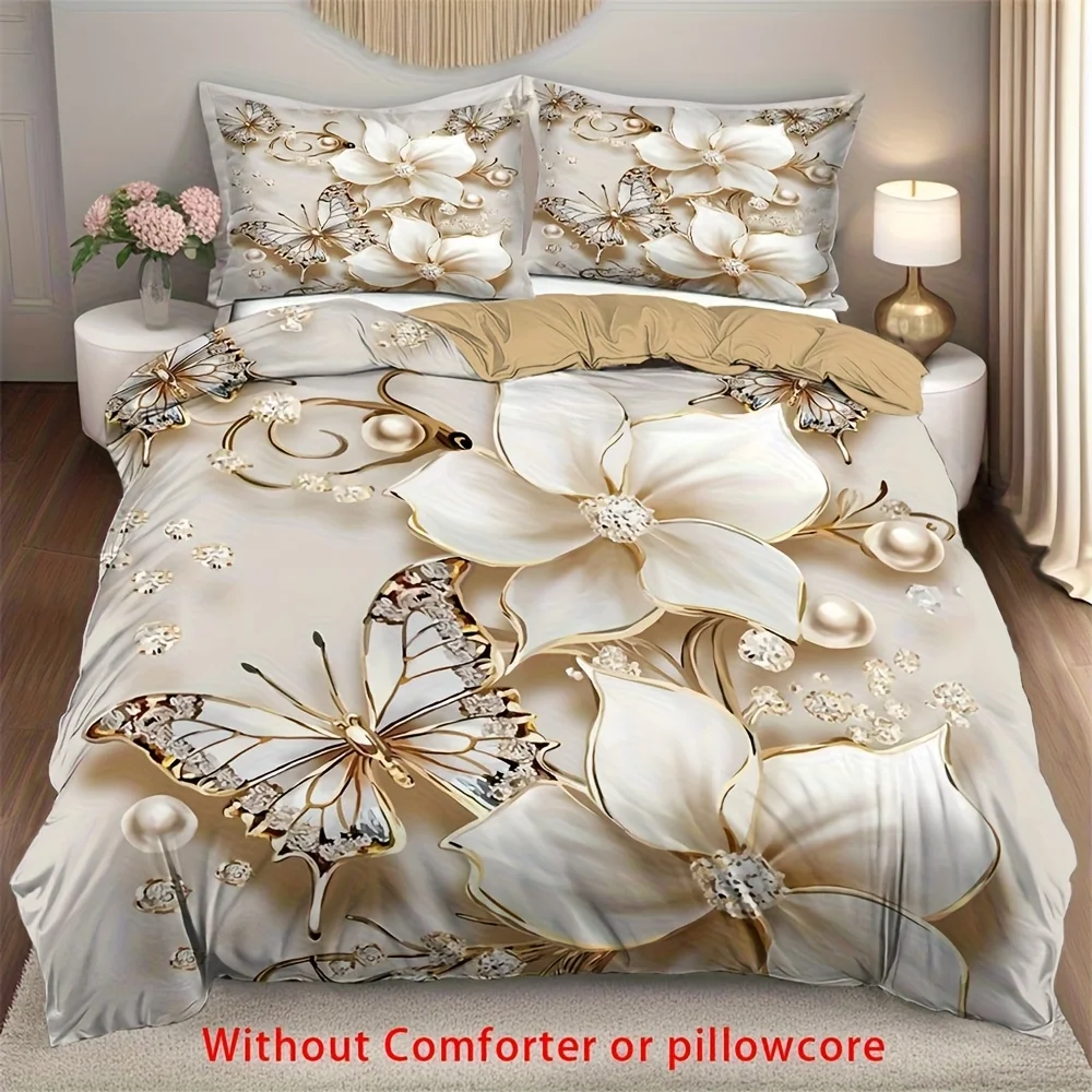 

2/3pcs Elegant Golden Diamond Butterfly Floral Print Duvet Cover Set (1 Duvet Cover + 1/ 2 Pillowcase, Without Core), 3D Luxury
