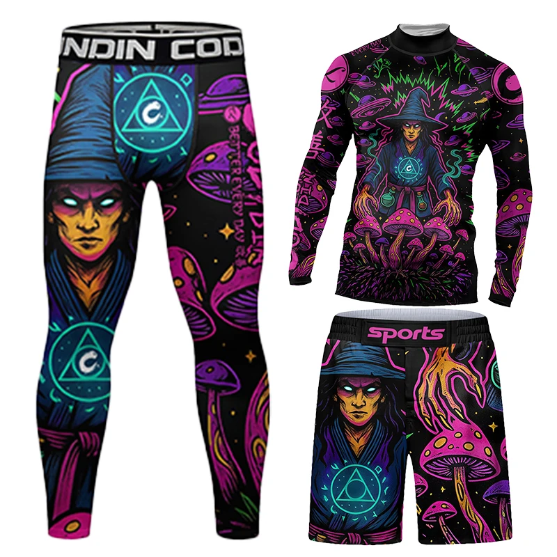 

Удивительный фокусник MMA BJJ Rash Guard, обтягивающие футболки для бега + брюки, комплекты из 4 шт., компрессионный боксерский спортивный костюм с 3D принтом