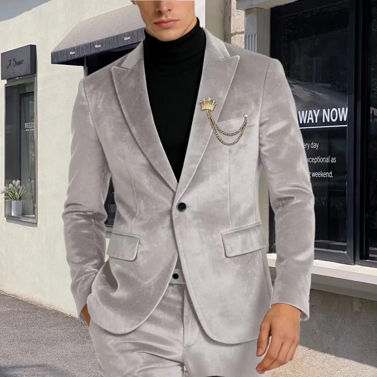 Men's Velvet Blazer Two-piece Set Slim Fit Two Button Suit for Prom Wedding Business Dinner Party Elegant Men's Suits Outfit