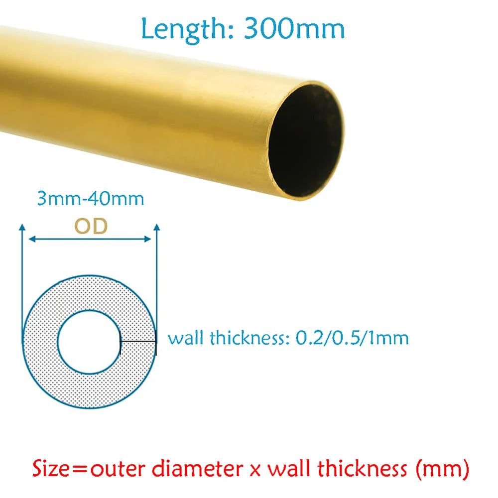 1 Pcs H65 Brass Tube OD 3mm-40mm Wall Thickness 0.2-1mm Length 300mm Seamless Round Pipe Tubing Straight Tubing Tube Thin-walled