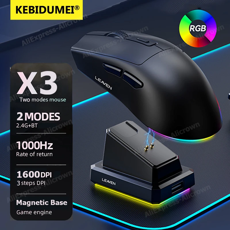 X3 2,4G Bluetooth receptor de modo Dual ratón óptico ratón inalámbrico para juegos ratón de 1600DPI con Base de carga magnética RGB para PC