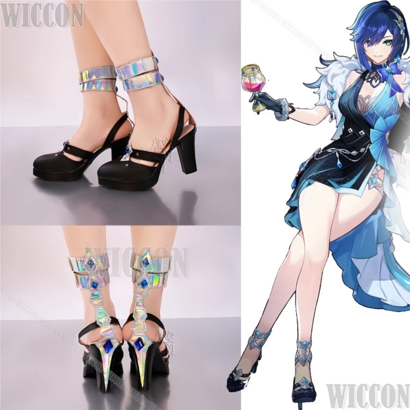 

Yelan Shoes Game Genshin Impact Cosplay Sexy Black High Heels Silver Laser Band Woman Girl Halloween Evening Carnival Outfit