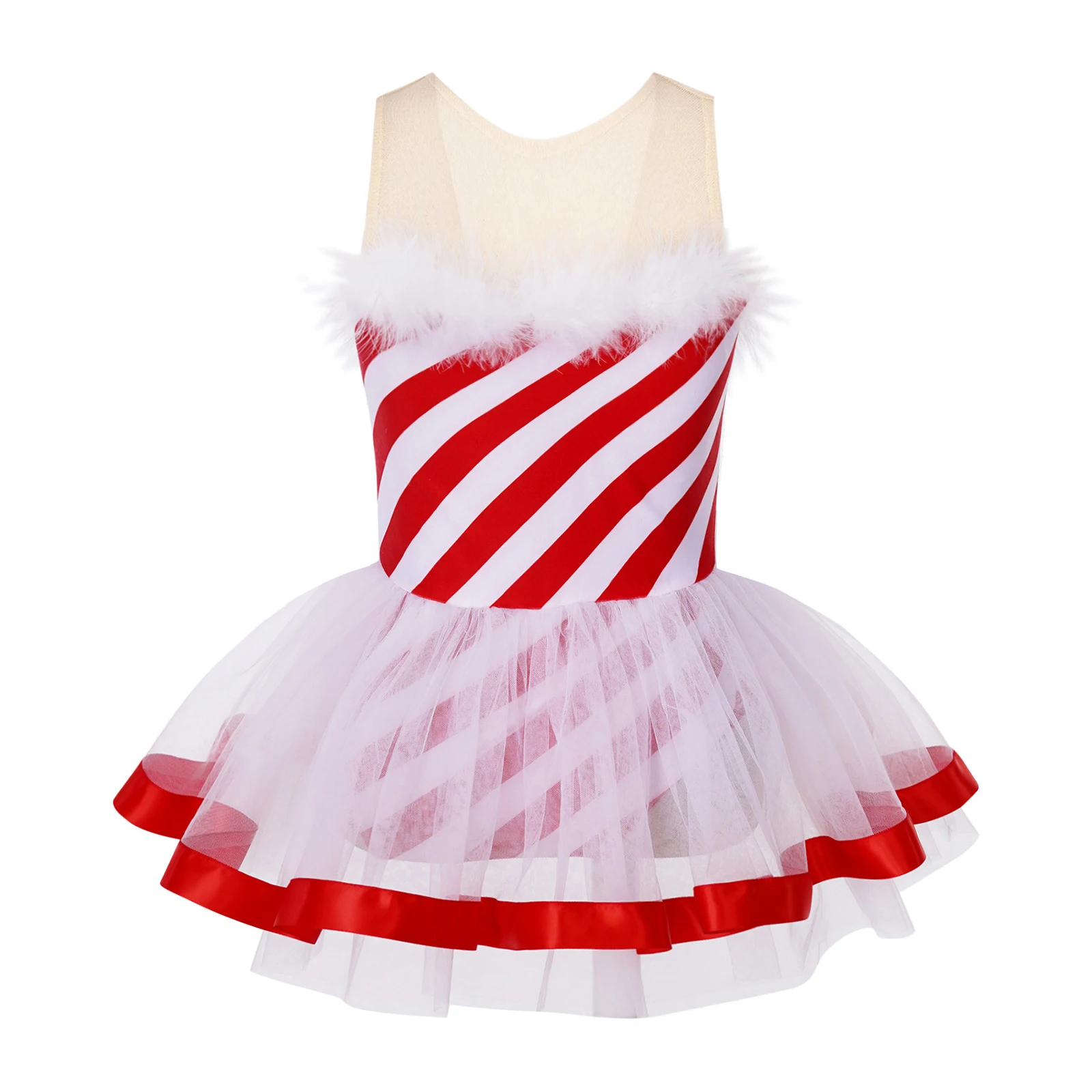 Kids Girls Candy Cane Christmas Costume Pageant Party Fluffy Stripe Ballet Dance Figure Ice Skating Tutu Dress Leotard Dancewear