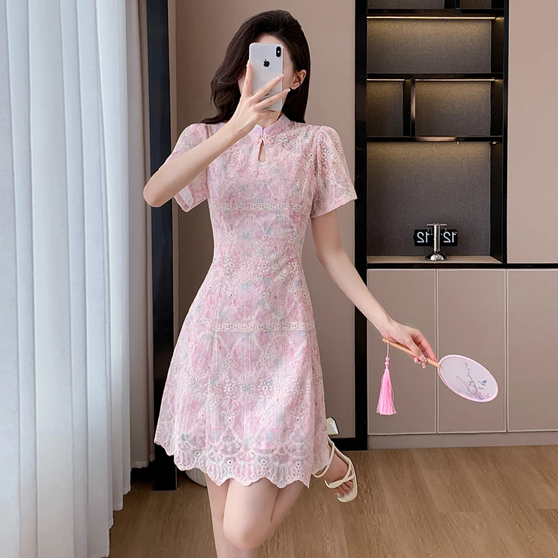 Chinese Style Elegant Summer Flower Embroidery Dress New Women Stand Collar Hollow Out High Waist Slim Prom Party Clothes