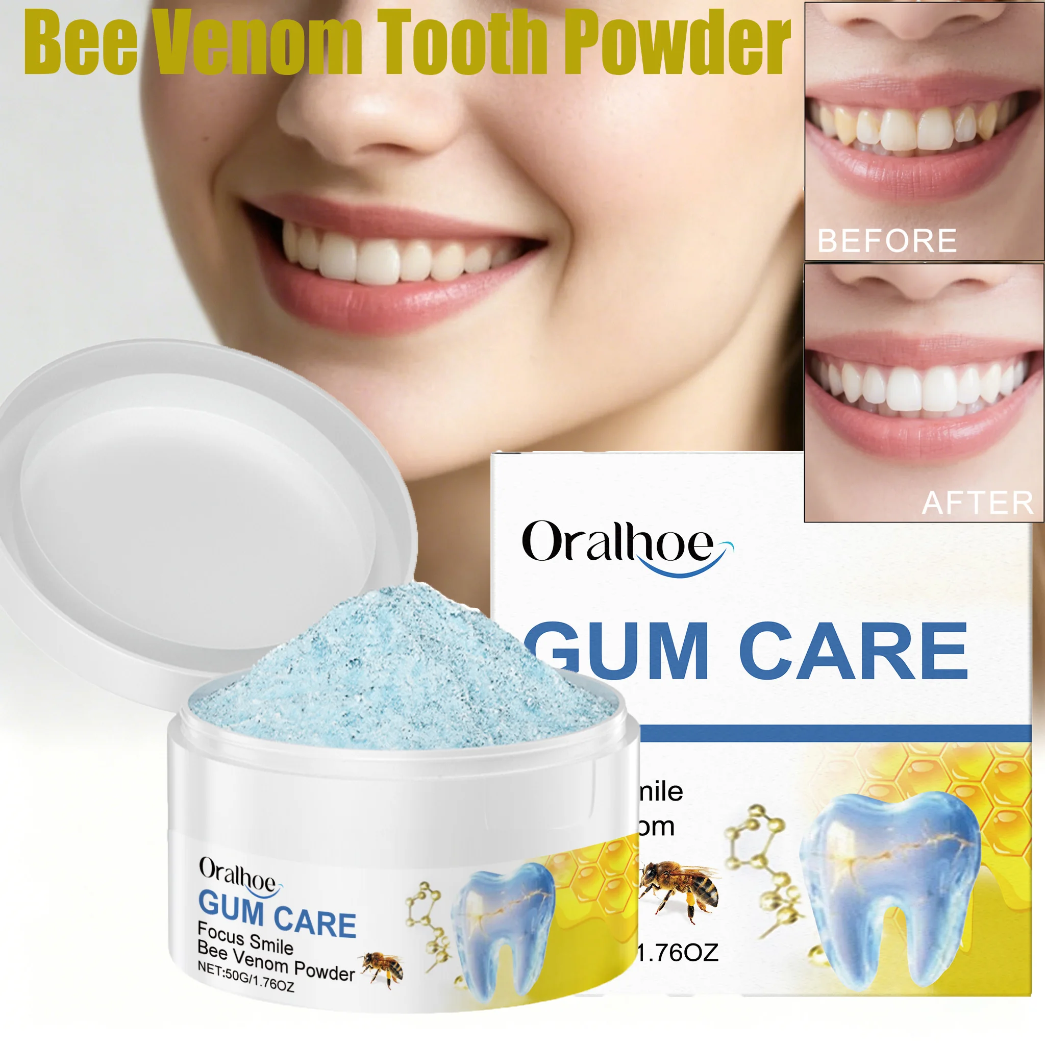 Bee Venom Tooth Powder Brightening Gentle Teeth Cleaning  Powder Remove Stain Yellow Teeth Fresh Breath Oral Care for Daily Use