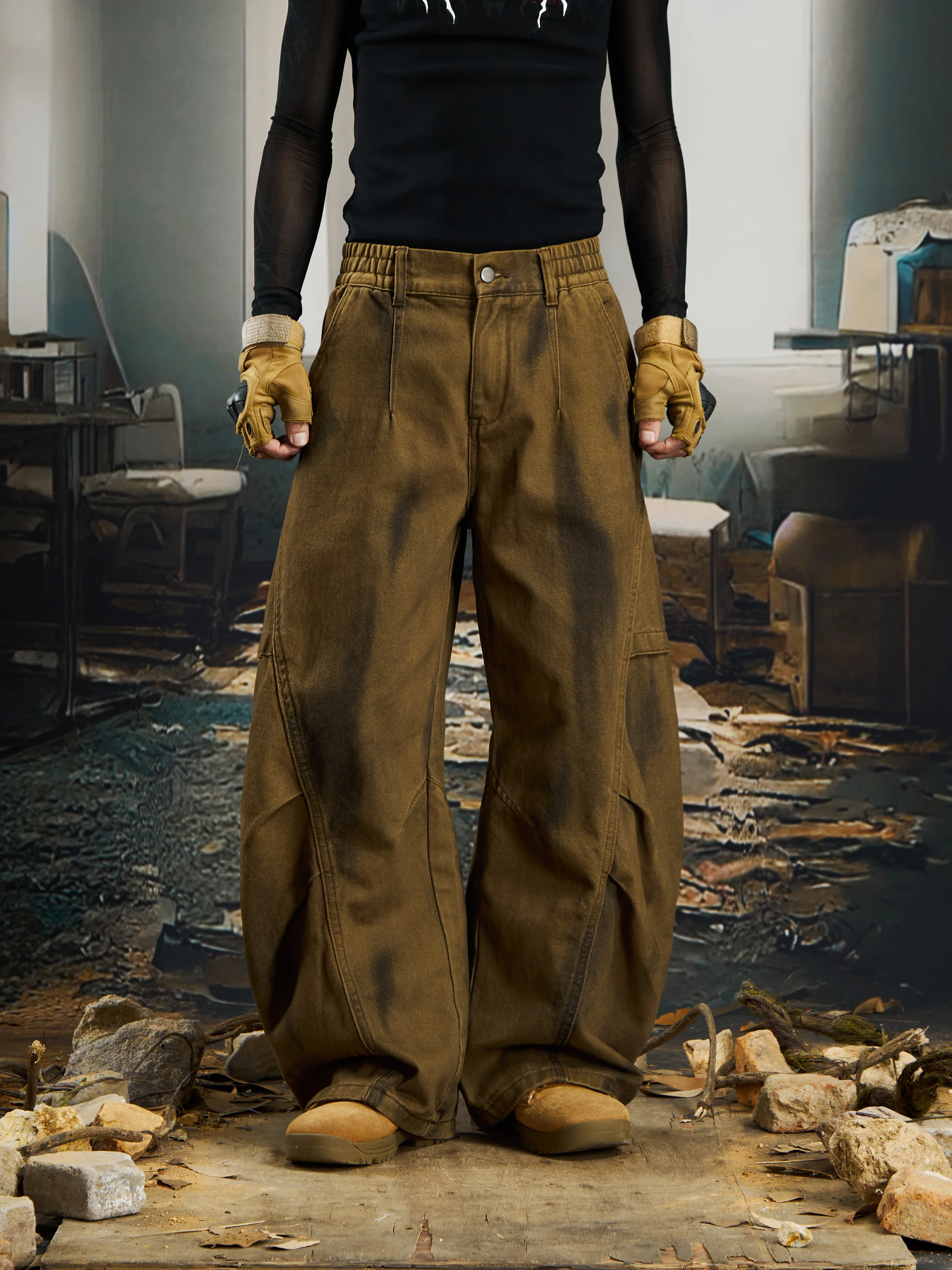 Special-Interest Design Side Pleated Layered Wide Leg Matchet Pants Jeans Dirty Dyed American Street All-Matching Trousers
