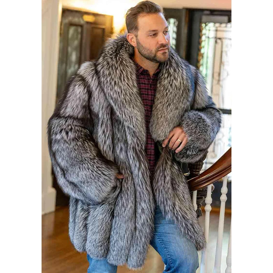 Real Silver Fox Fur Mens Coat Men Real Fur Coat Fox 2024 Winter Warm Turndown Collar Jackets