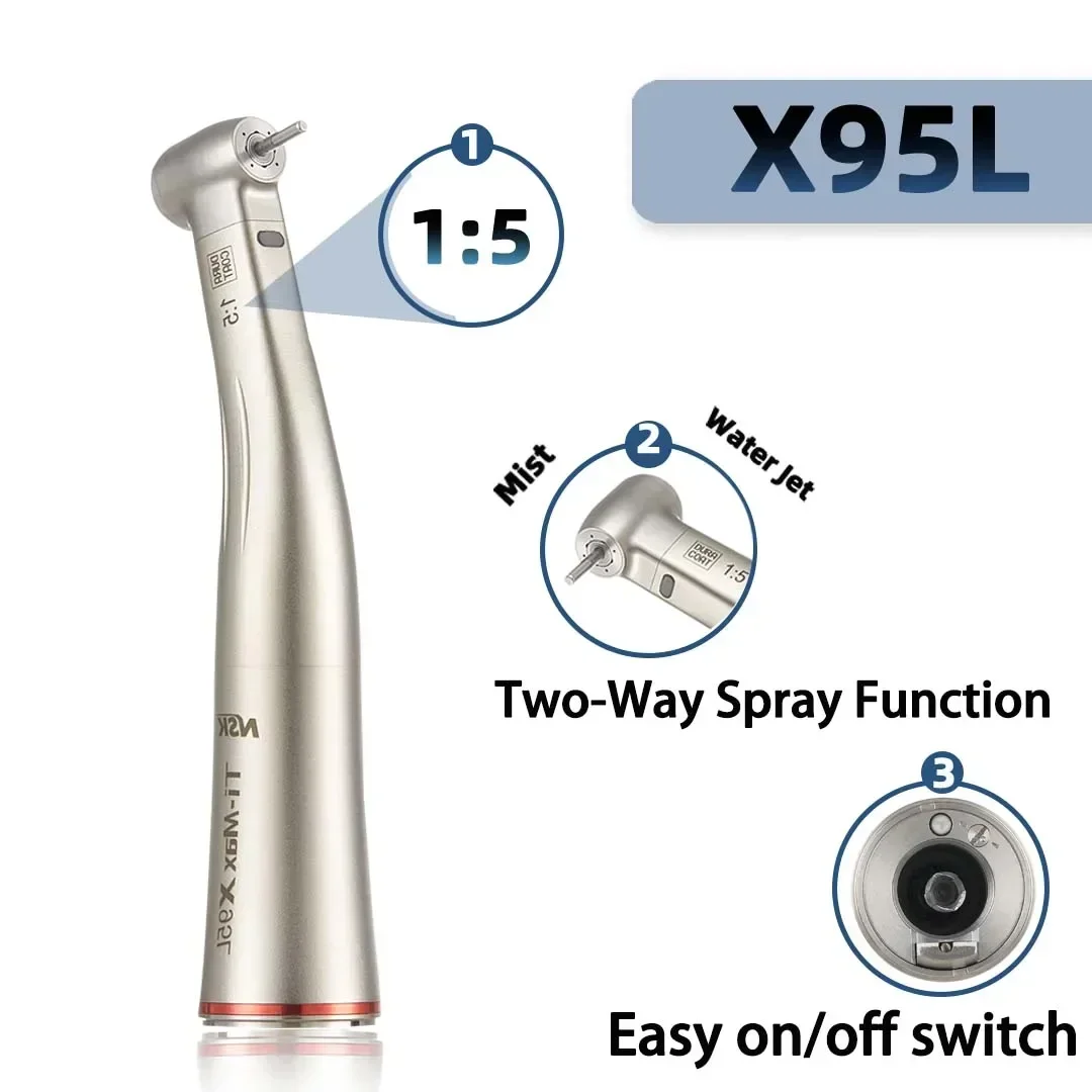 Dental 1:5 High Speed Handpiece with LED Light Spray Air On/Off Switch  Contra Angle NSK Ti Max X95L Inner Water Spray Red Ring