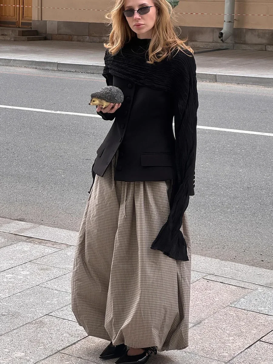 Neue Retro-Braun-Laternenhose für Damen, hohe Taille, trendige, lockere Passform, kariert, Frühling-Sommer-Mode, vielseitige Hose – Detail 3