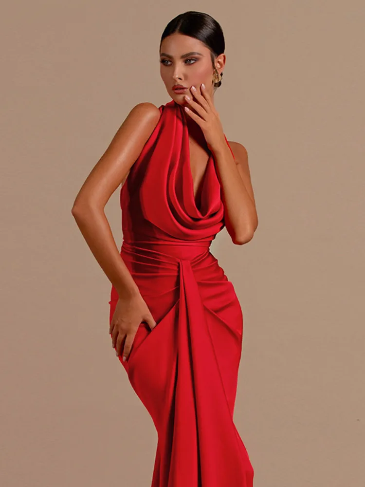 Sukienka satynowa z odkrytymi plecami i halterem w stylu Articat, damska, nowa, długa, elegancka, bez rękawów, obcisła, na imprezę, do klubu, wieczorowa, damska, Vestido