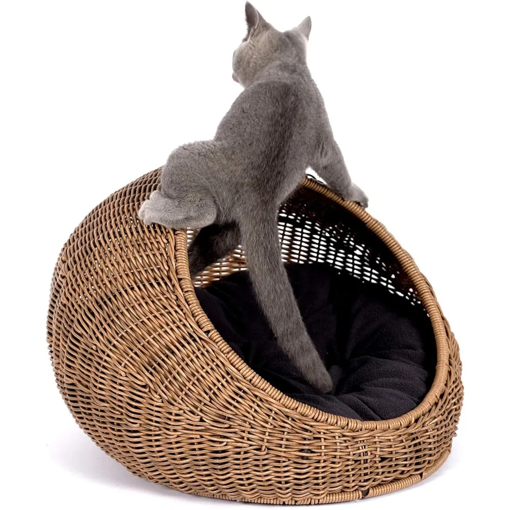 

D+GARDEN Wicker Cat Bed Dome for Medium Indoor Cats - a Covered Cat Hideaway Hut of Faux Rattan Houses Pets in Dome Basket, Wash