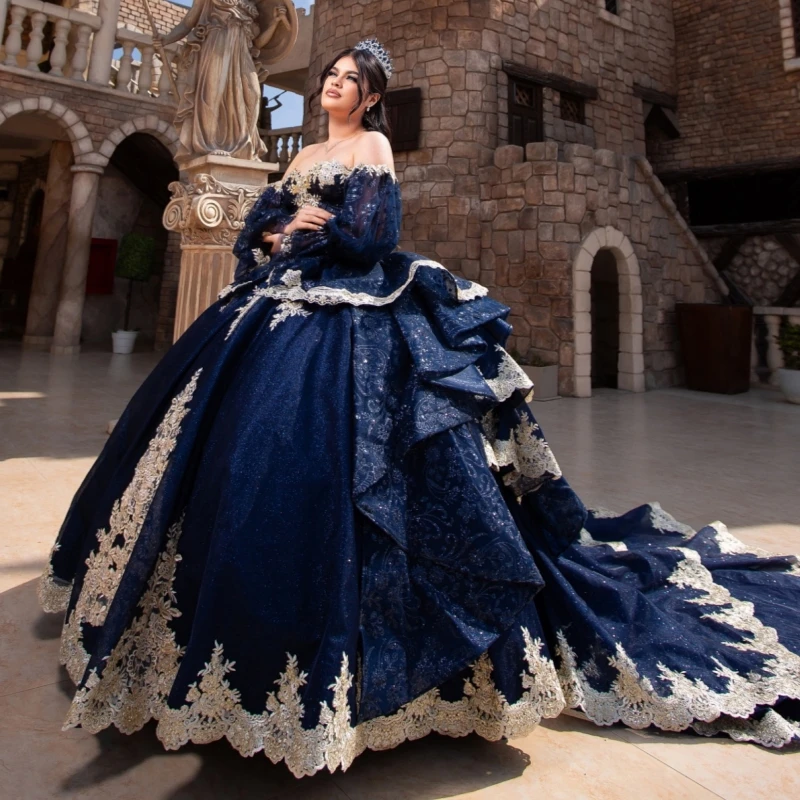 

Темно-синие блестящие платья Quinceanera с открытыми плечами, золотые аппликации, кружевные бусины, тюлевое платье для вечеринки, дня рождения, сладкое платье 16, Vestidos 15 De