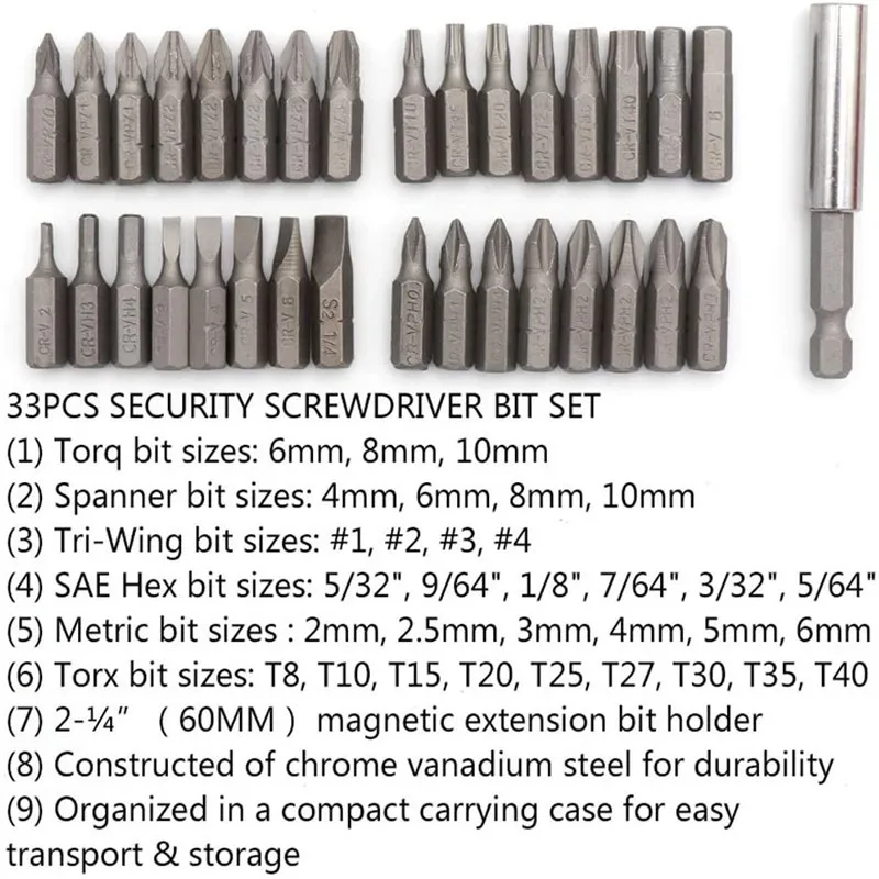 33pcs/set Electric Screwdriver Bit Combination Set Hexagonal Plum Blossom Three-Claw Four-Claw Slotted Screwdriver Accessories