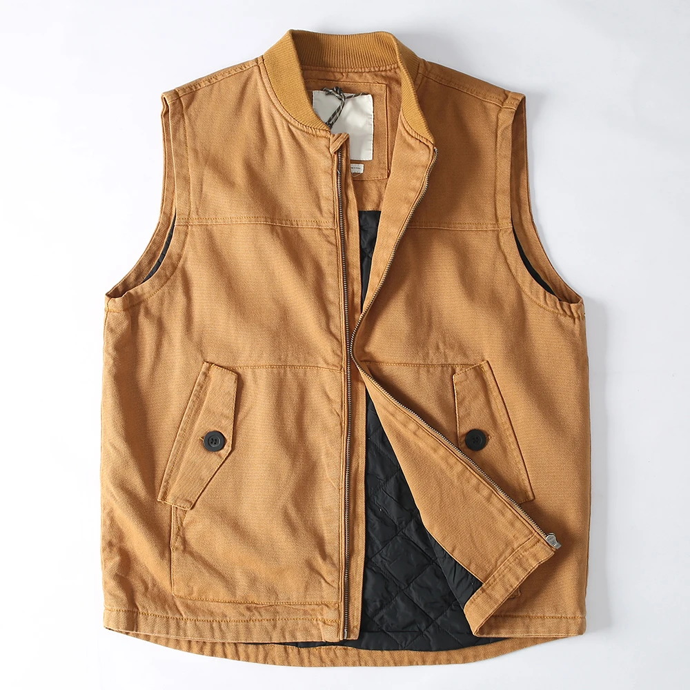 100% Cotton Washed Canvas Jackets Cotton Padded Autumn Winter American Vintage Men's Retro Casual Baseball Collar Vest Coats