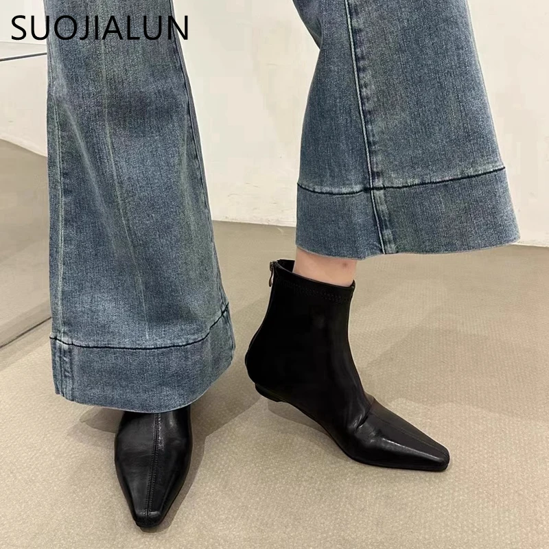 SUOJIALUN 2024 Winter New Brand Women Ankle Boots Fashion Square Low Heel Ladies Casual Short Boots Soft Outdoor Dress Matins-bo