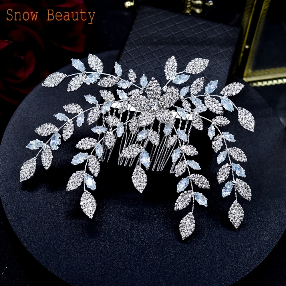 

A53 2024 New Diamond Hair Combs Leaf Bridal Headdress Wedding Hair Jewelry Rhinestone Women Tiara Austrian Bride's Headdress