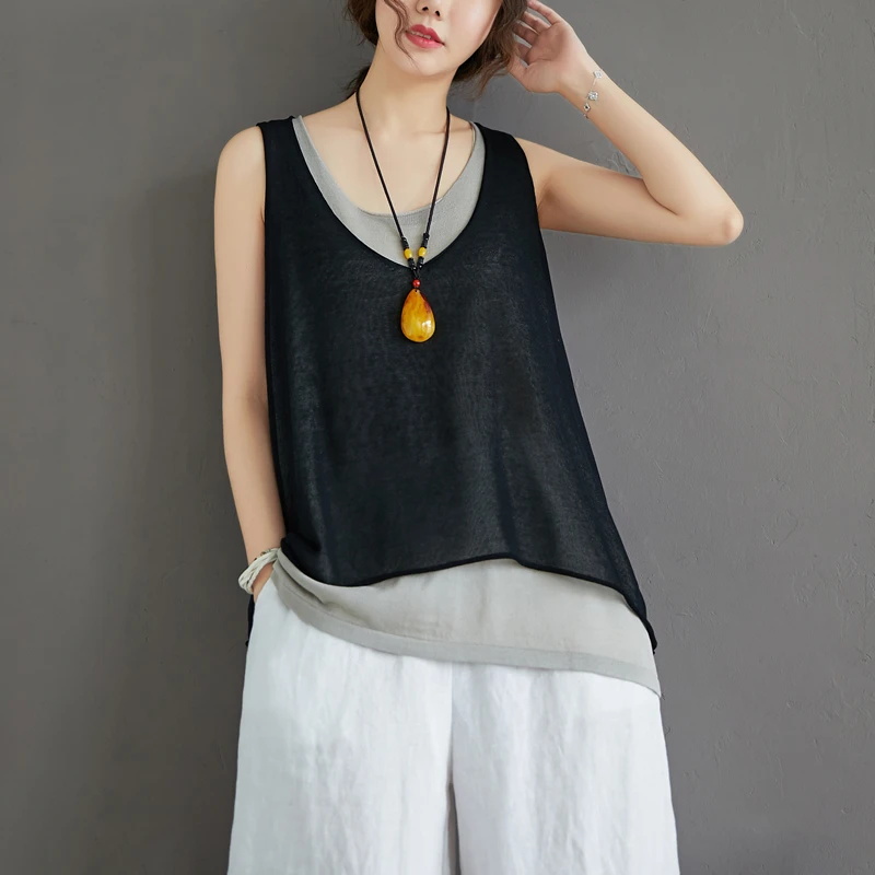 

Loose Knitted Vest Top Women's Summer Faion Innerwear Outerwear Fake Two-Piece Sle Comfortable Breathable Casual Wear