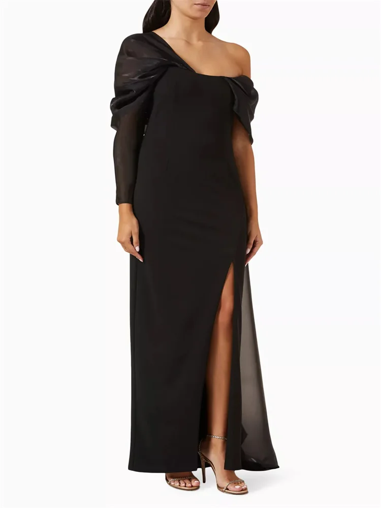 

Hot Selling Off Shoulder Neckline Long Sleeve Crepe Straight Evening Dress Back Zipper Floor Length Side Slit Gown For Women