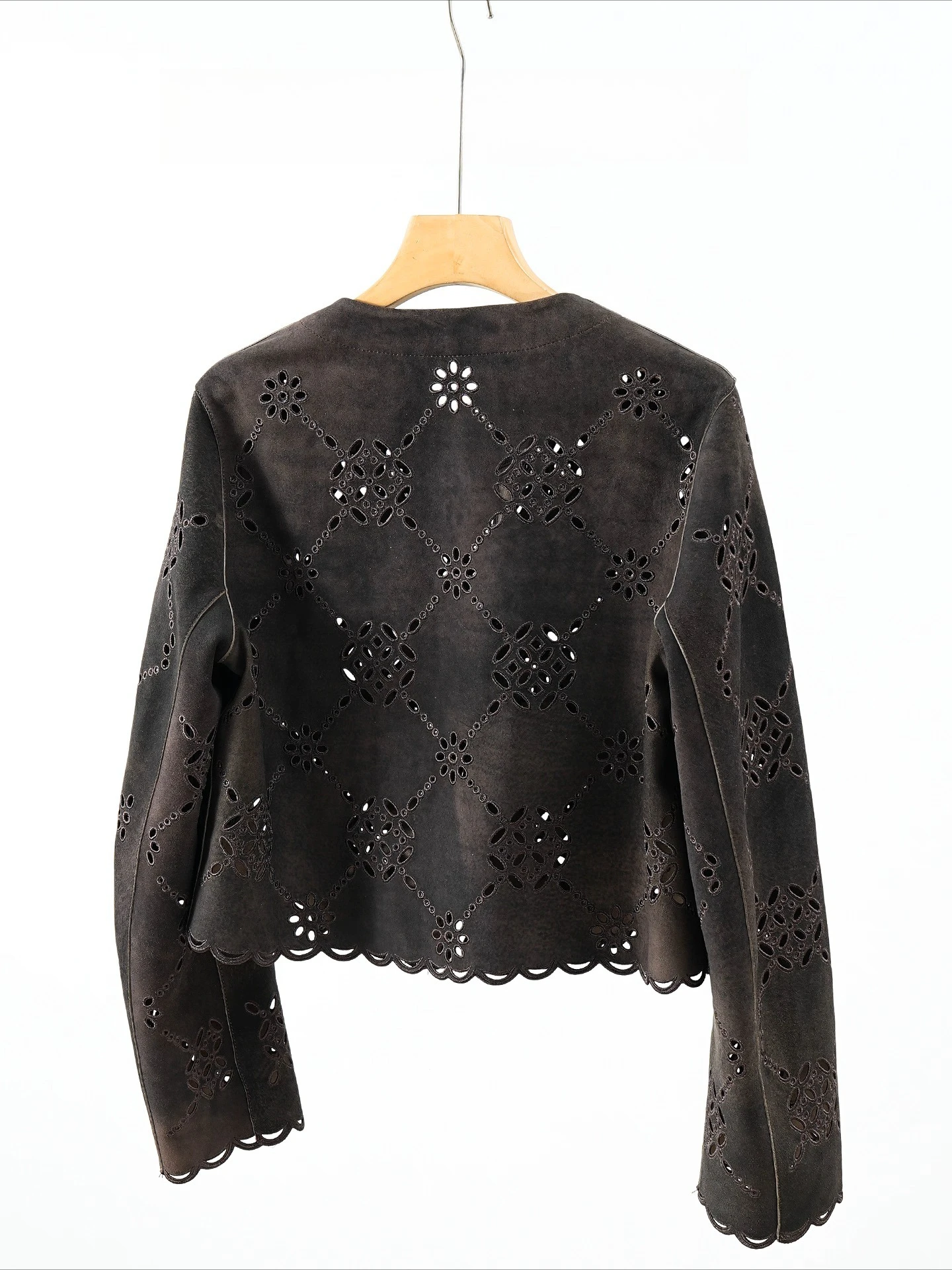 Women's Genuine Suede Kid Leather Jacket 2025 Flower shaped Hollow-out Premium Vintage Fashion Coat round neck
