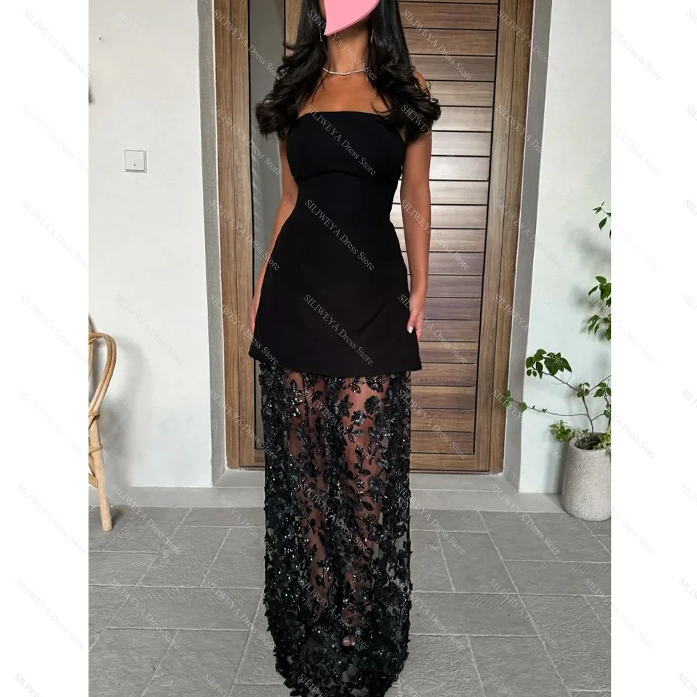 Abiti da sera neri per le donne Abiti da festa dritti senza spalline con applicazioni di moda Abiti da ballo chic senza maniche lunghi fino al pavimento