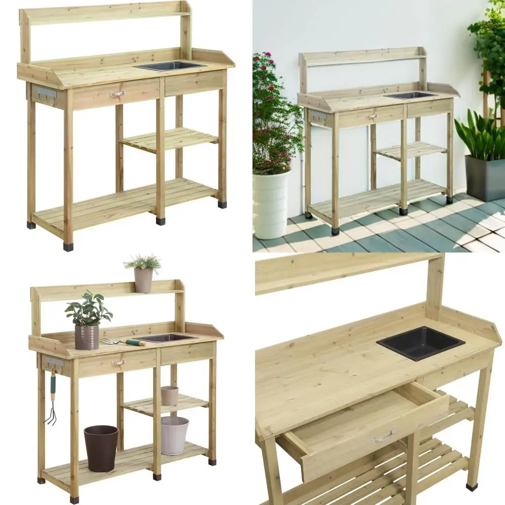 

Уличная скамейка для горшков Deluxe со станцией для садовых посадок 46, полками для хранения и ящиком, устойчивая к атмосферным воздействиям для садоводства