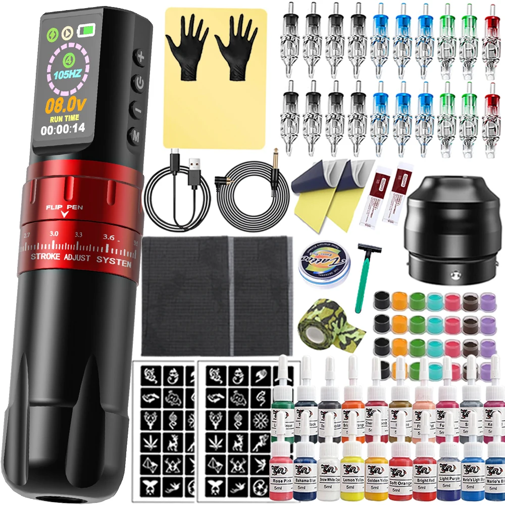 Completa Tattoo Machine Pen Kit, sem fio, tamanhos mistos cartuchos, agulhas Ink Set para Tattoo Gun