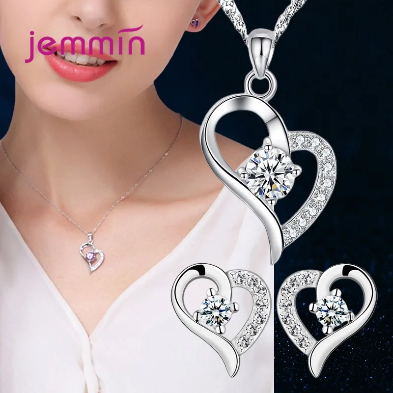 Heart Pattern 925 Sterling Silver  Female Jewelry Sets Fashion Shiny Pendant Necklace Earring Set For Women Girls Wedding