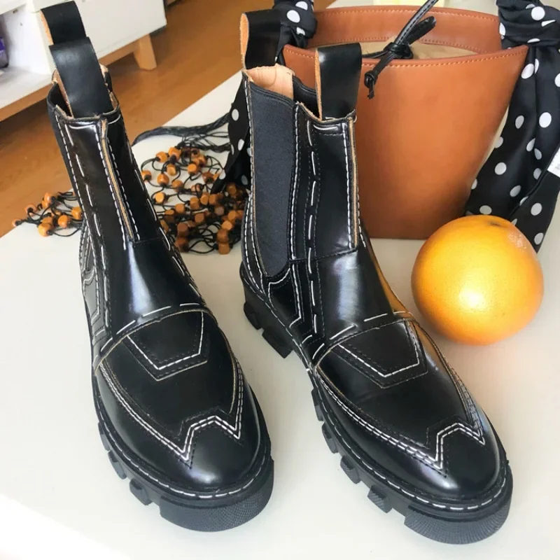 

Black Motorcycle Boots Platform Neutral Ladies Shoes Slip On Leisure Zapatos Mujer Fashion Sewing Short Booties INS Hot Sale