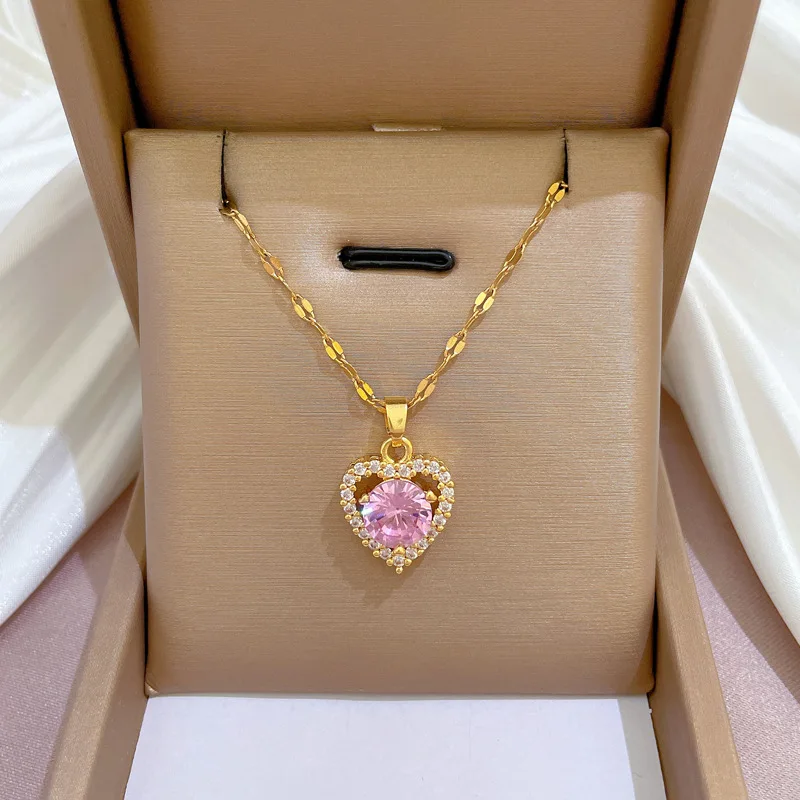 OIMG 316L Stainless Steel Gold Plated New Korean Fashion Zircon Crystal Heart Geometric Pendant Necklace For Women Girls Jewelry