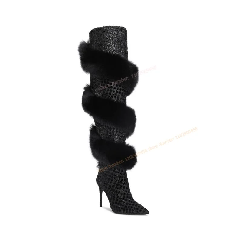 

Black Crystal Fur Decor Knee High Boots Pointed Toe Shoes for Women Thin High Heels Autumn Winter Shoes 2023 Zapatos Para Mujere