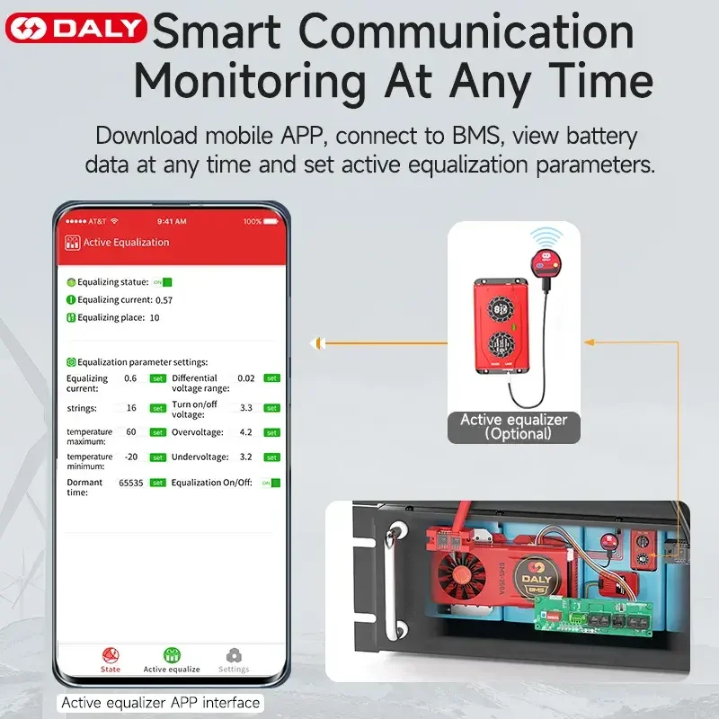 Daly BMS 16S LiFePo4 Smart BMS 4S12V 8S 24V 36V 48VScooter 60A 100A 150A 200A 250A 300A 500A Li-Ion Battery Energy Storage WIFI