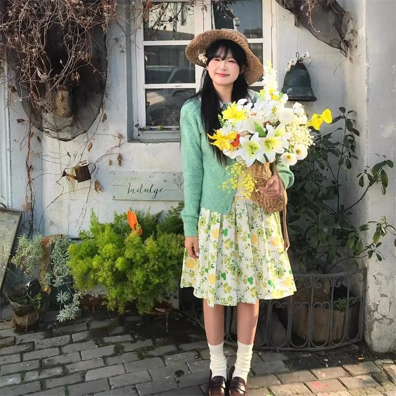 

High Quali Floral Print f Skirt Women's Spring Summer New Sle Vintage een Floral Pleated Skirt Versatile Faionable