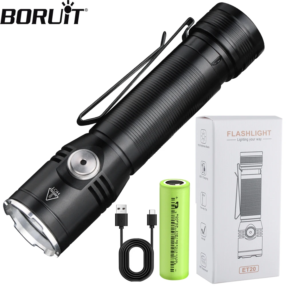 

BORUiT ET20 1000LM Super Bright LED Flashlight USB C Rechargeable Handheld 18650 Torch with Power Indicator Outdoor Lantern