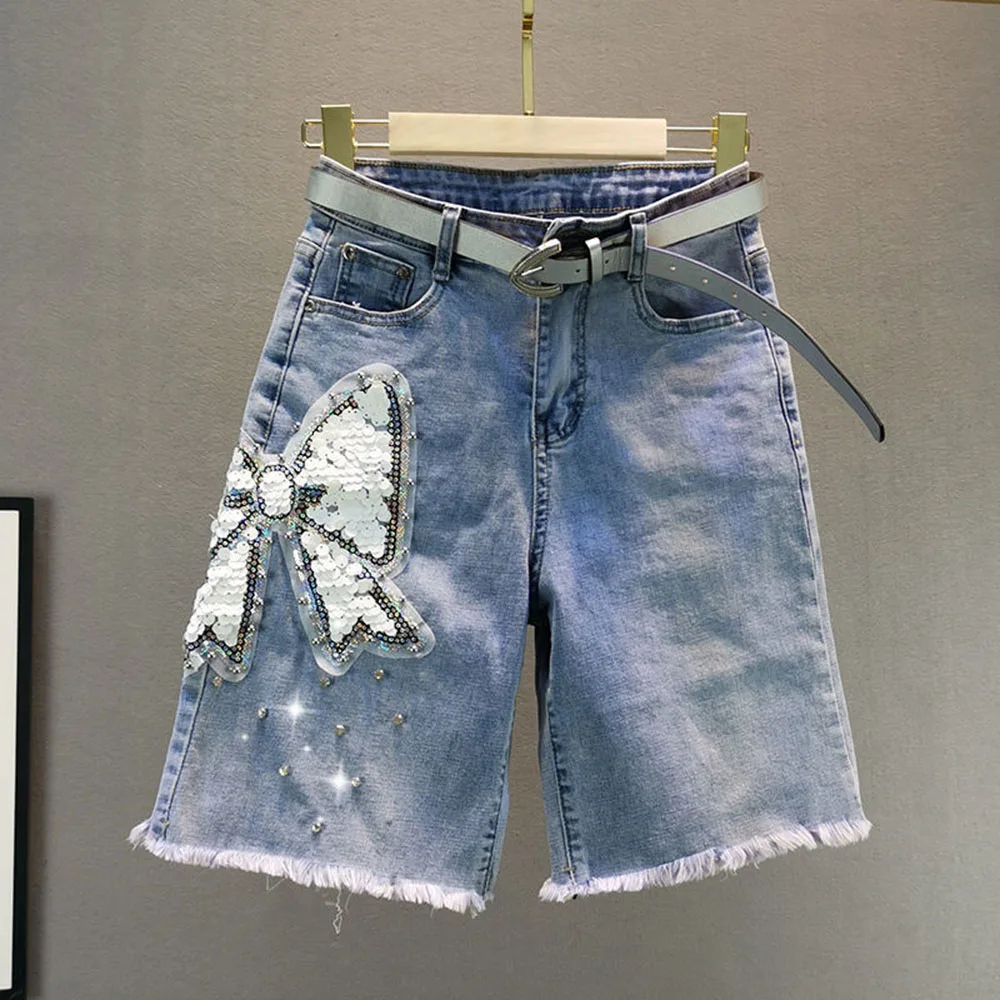 New Sequin Bead Design Denim Shorts Simple Design High Waist Slim Fit Hole Ripped Five Points Pants Trendy Women's Shorts
