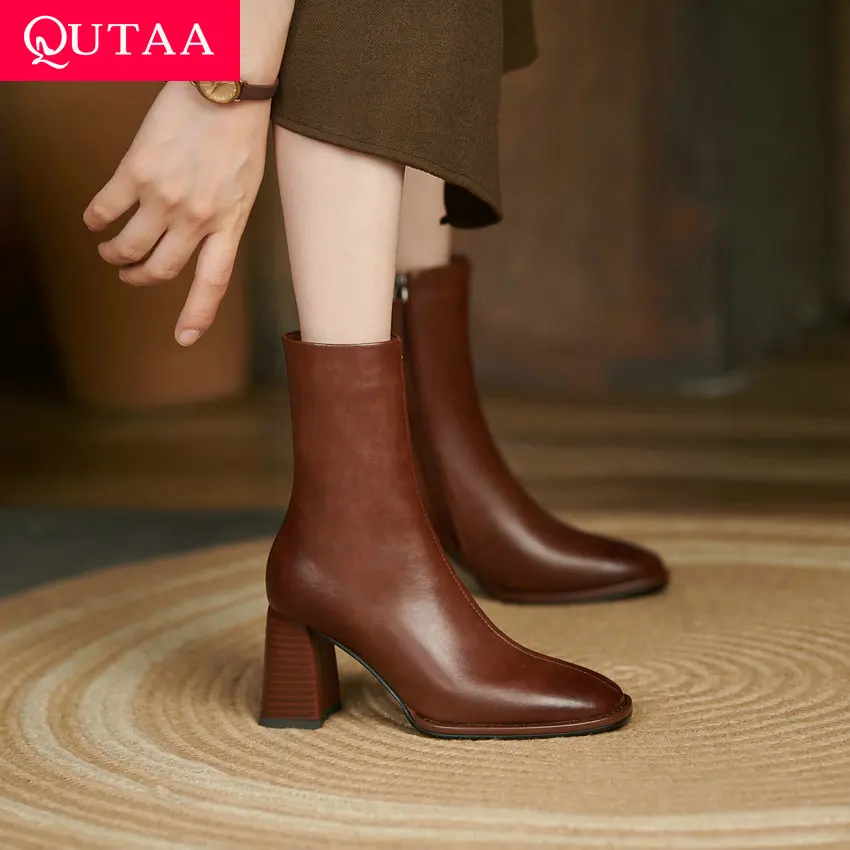 QUTAA 2022 Round Toe Autumn Winter Ankle Boots Cow Leather Zipper Fashion Women Shoes Square Heel Motorcycle Boots Size 34-42